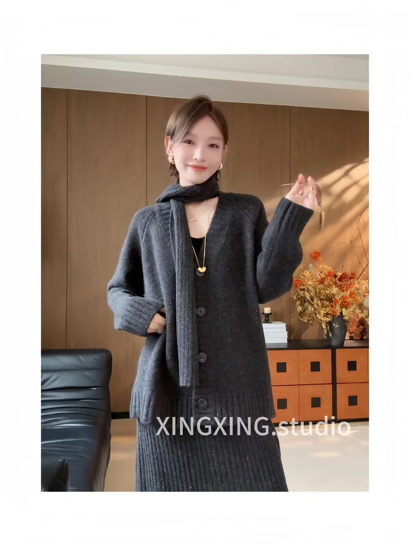 X.x.格雷系针织开衫女高级感毛衣外套冬季松弛感上衣围巾372