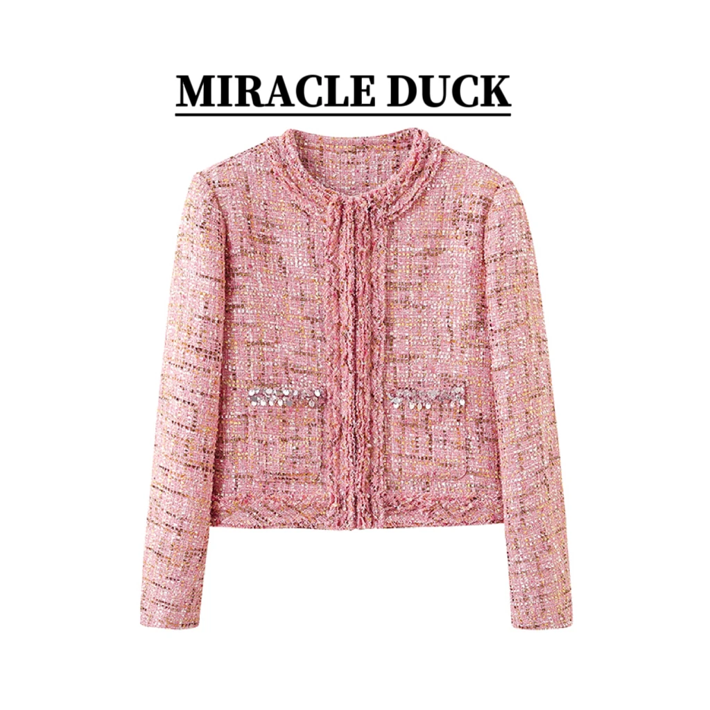 【桃红金织】秋冬时尚粉色花纱亮片粗呢小香风短款外套C1887