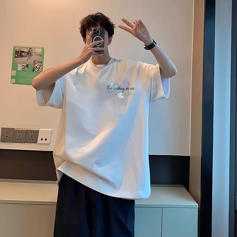【重磅纯棉】男装夏季半袖短袖男中袖设计感纸飞机印花圆领宽松t恤