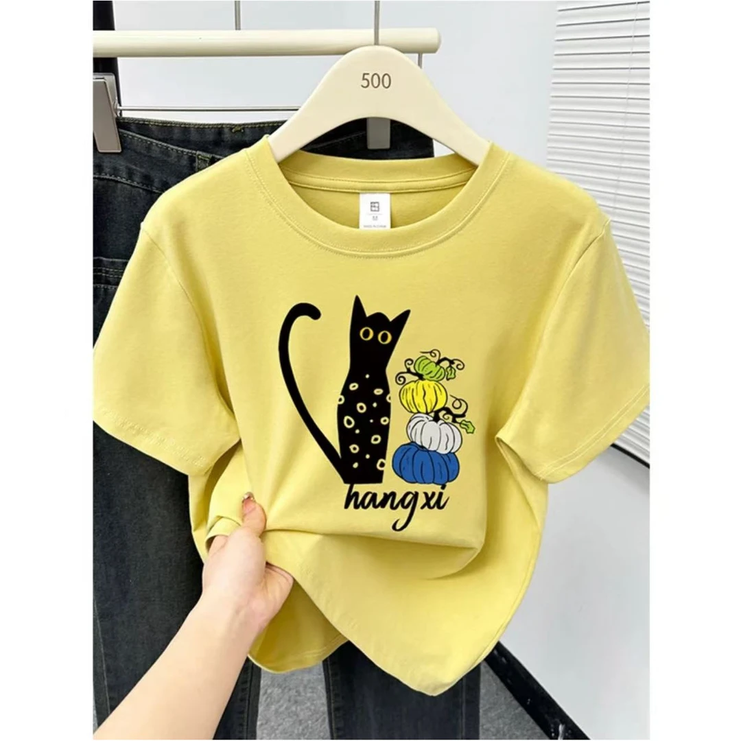 X10#小个子修身短袖t恤女生韩系猫咪印花高弹力棉显瘦上衣