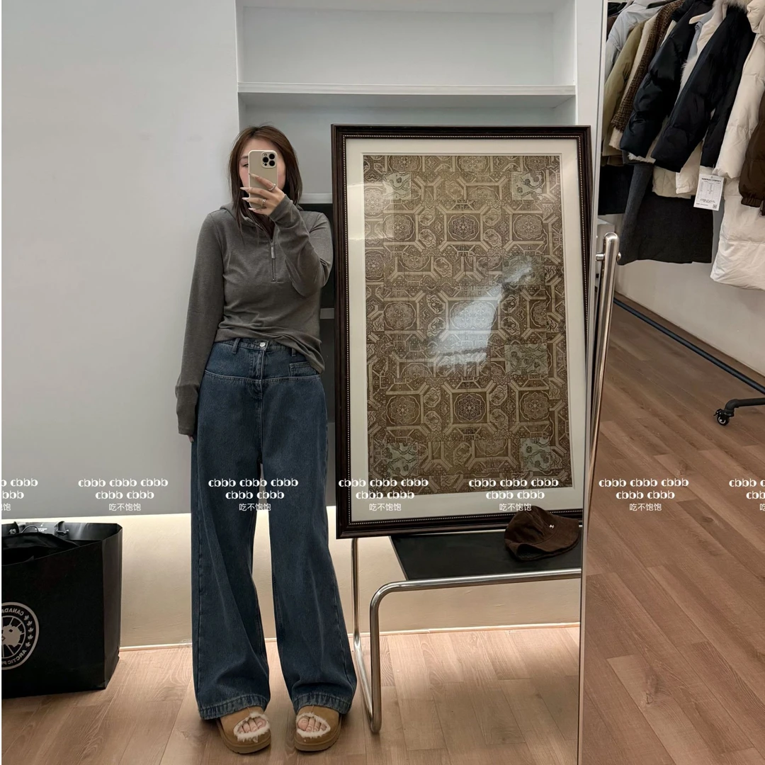 【吃不饱饱】大码 超绝版型 复古插袋蓝色直筒牛仔裤百搭018