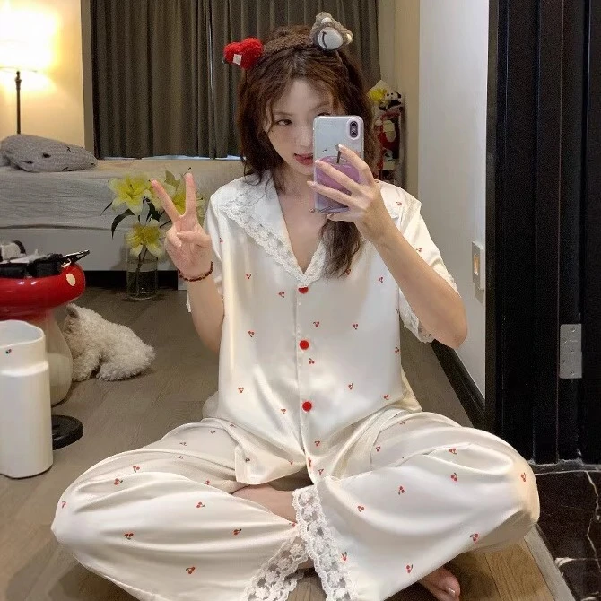 樱桃蕾丝夏季少女睡衣冰丝薄款短袖睡衣女款爆款2025新款家居套装