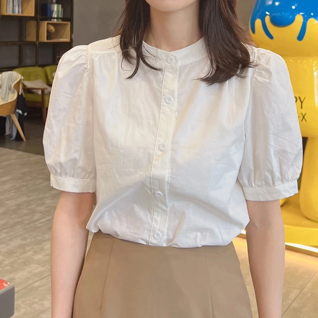 立领短袖衬衫女2025新款时尚百搭洋气减龄衬衣泡泡袖休闲显瘦上衣