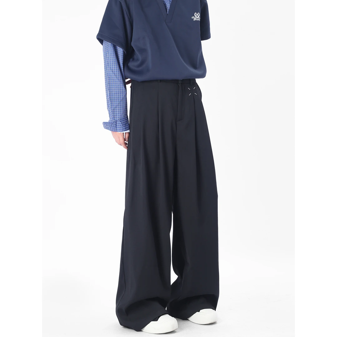 秋季新品微喇刺绣褶皱西裤休闲裤长裤男cleanfit风宽松