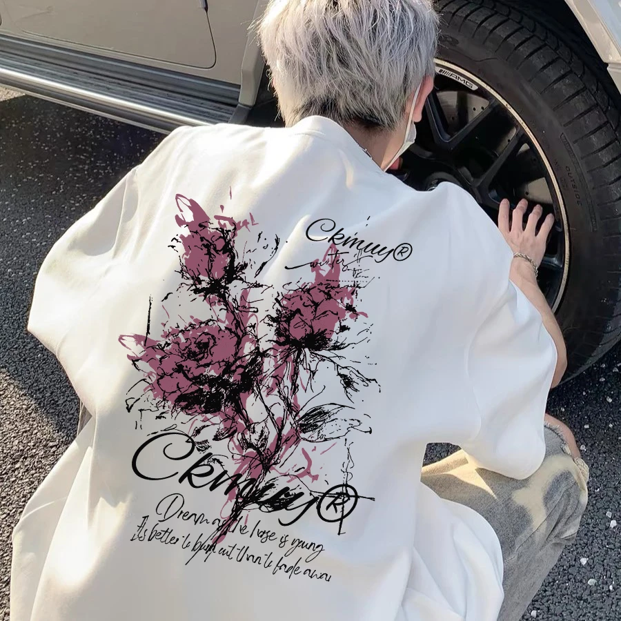 100%重磅纯棉短袖T恤男装夏宽松半袖高街创意流行艺术男女同款ZNW