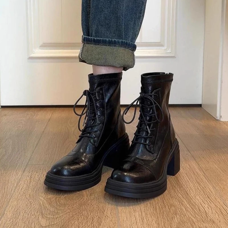 复古高跟厚底百搭气质马丁靴女2025秋冬防水台系带侧拉链弹力短靴