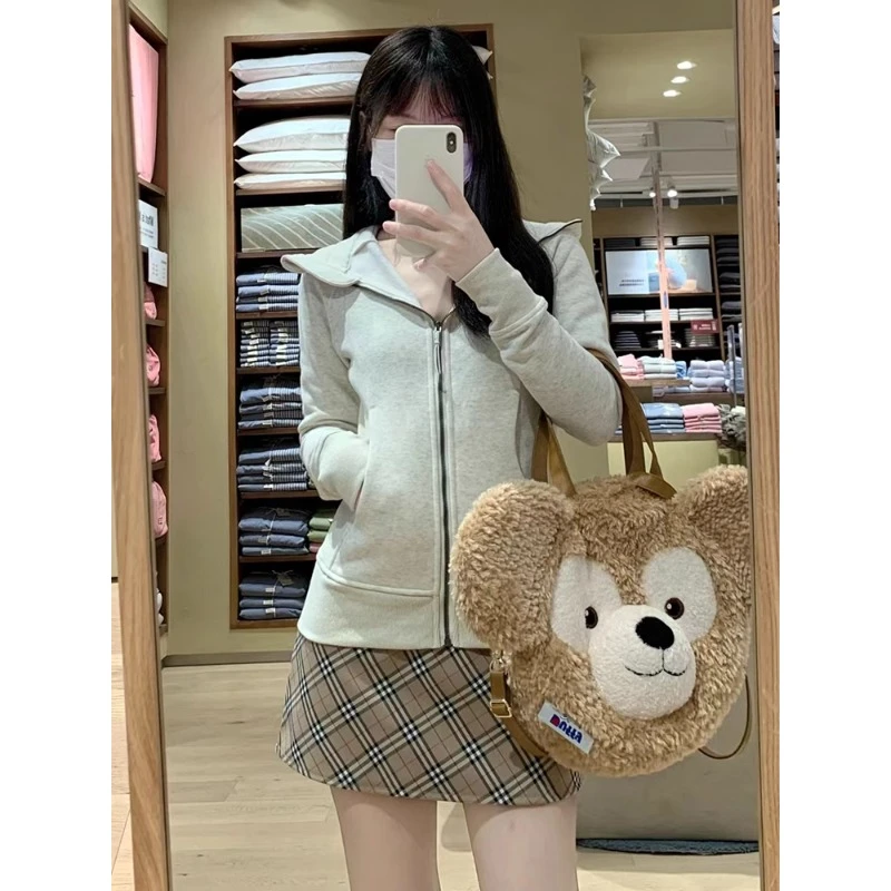 灰色外套女款春秋2025新款连帽卫衣开衫短款修身拉链简约风休闲