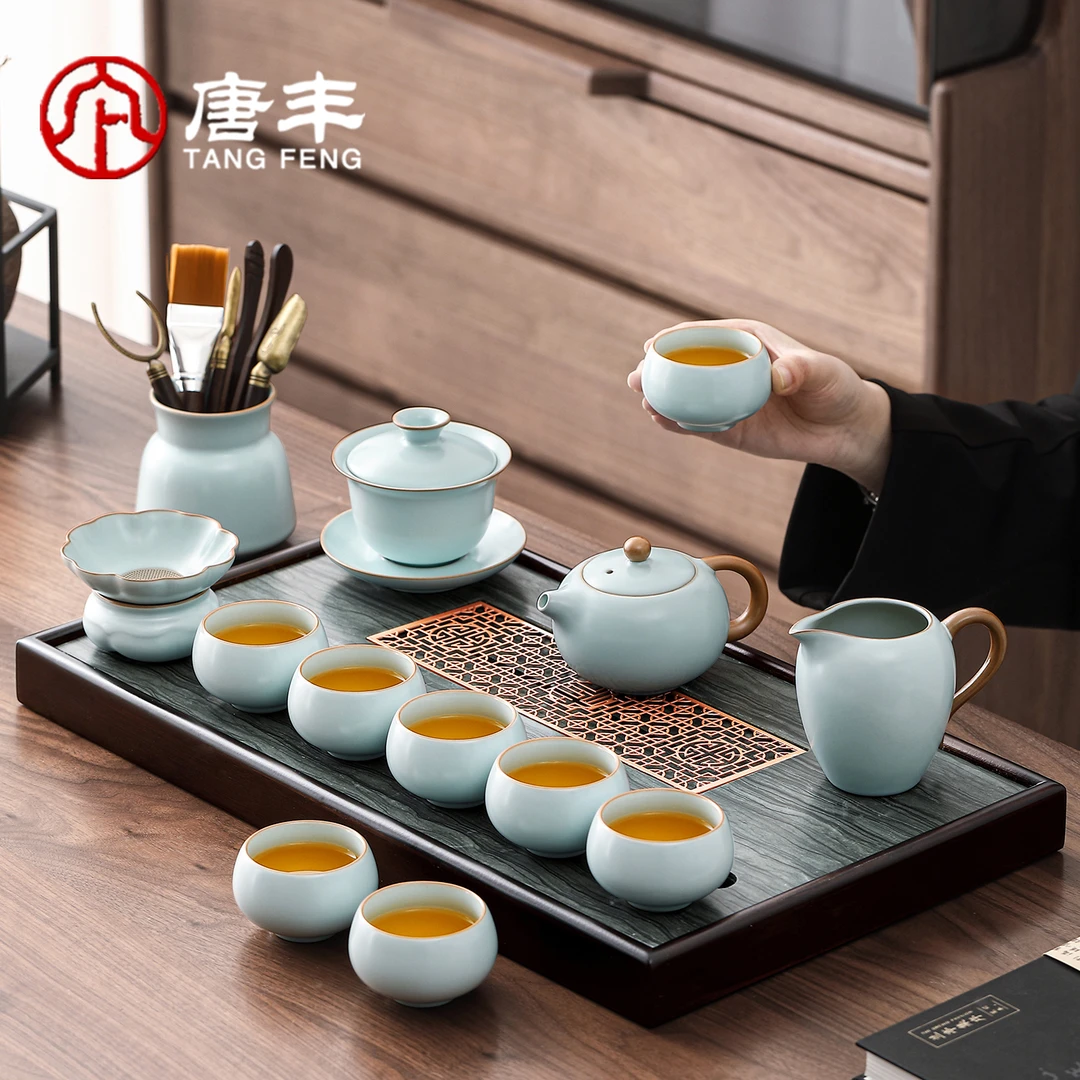 唐丰天青汝窑茶具茶台一整套家用高档天然乌金石茶盘西施壶套装