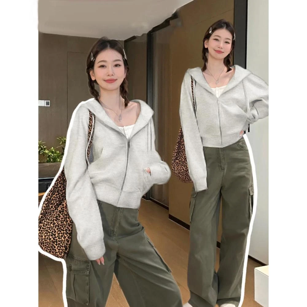 灰色拉链短款卫衣外套女春秋季休闲上衣修身收腰美式早秋穿搭连帽