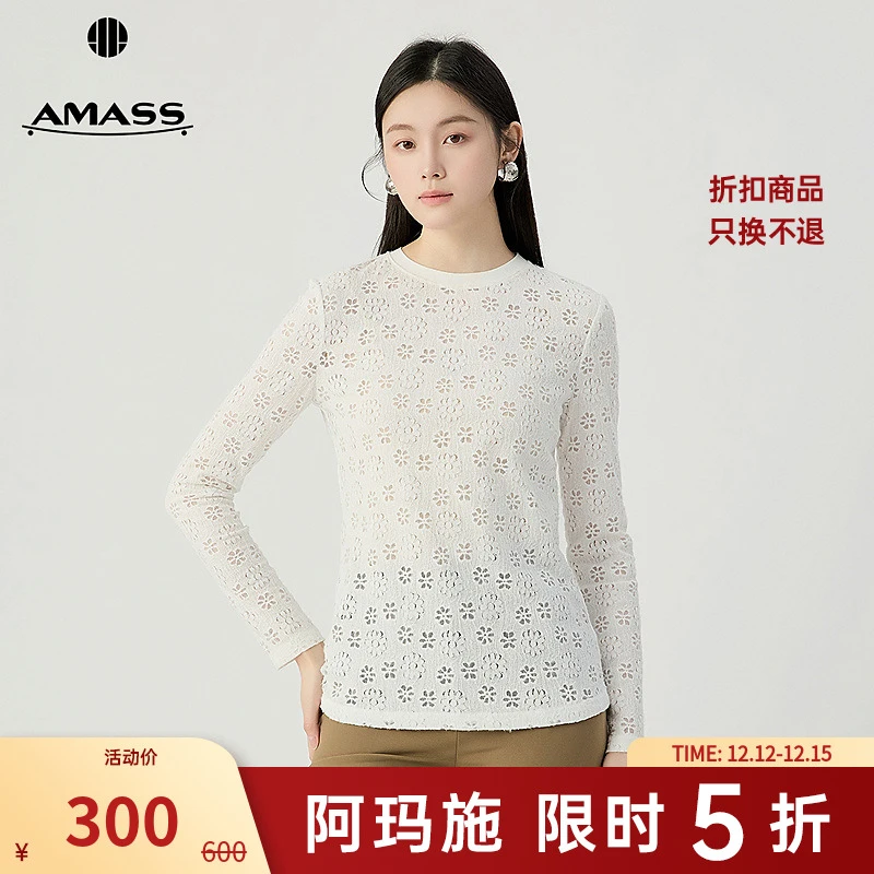 阿玛施AMASS 女装新款浪漫蕾丝花朵百搭圆领修身纯色长袖5300886