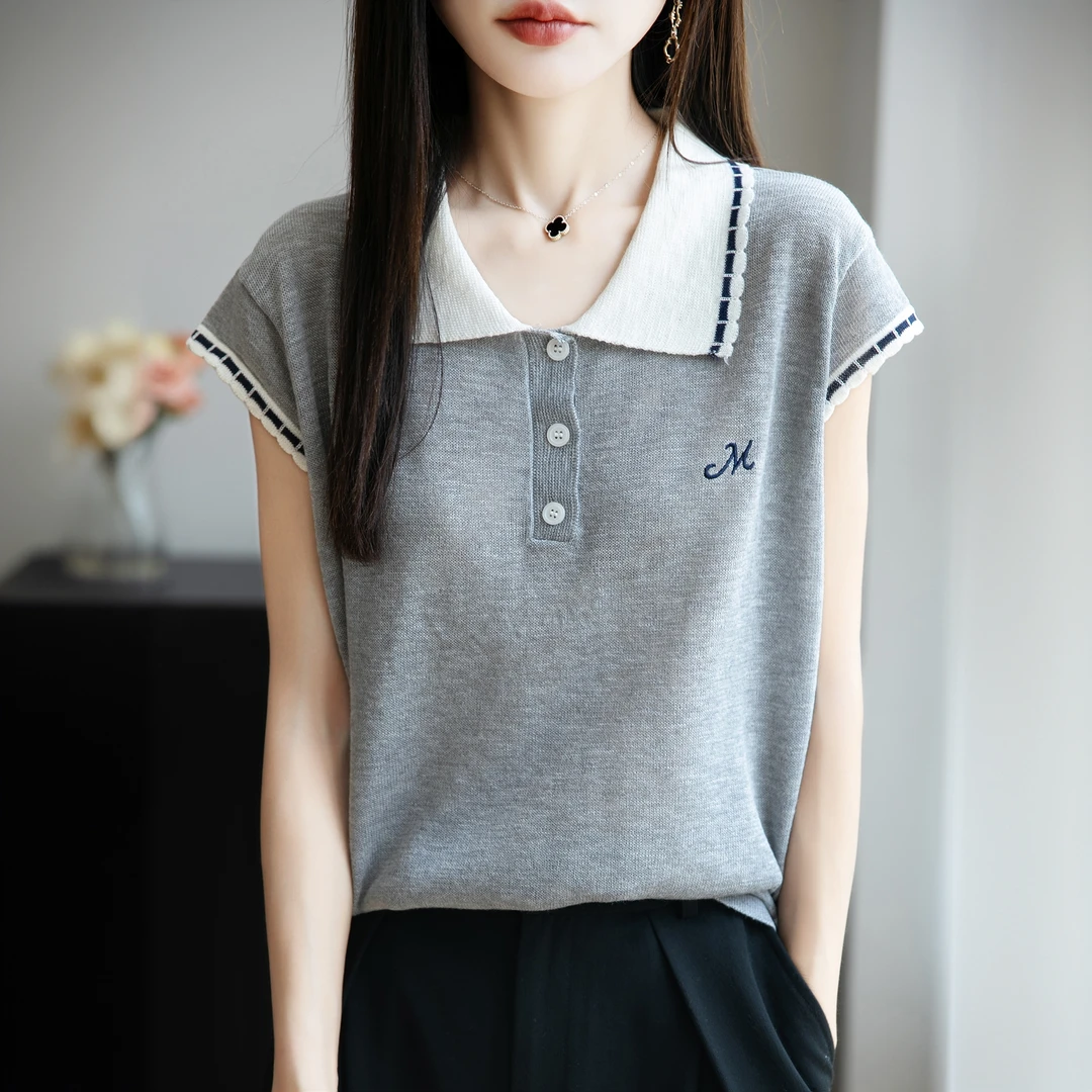 韩系chic撞色polo领刺绣设计感冰丝针织t恤2025夏季气质休闲上衣