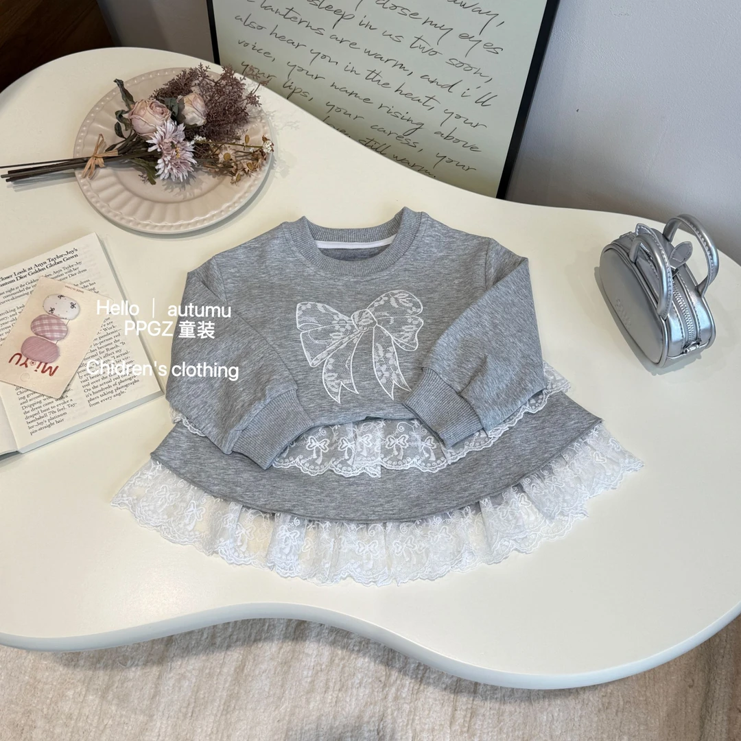 【泡泡格子】2025新款女童韩版卡通蝴蝶结卫衣蕾丝裙套装