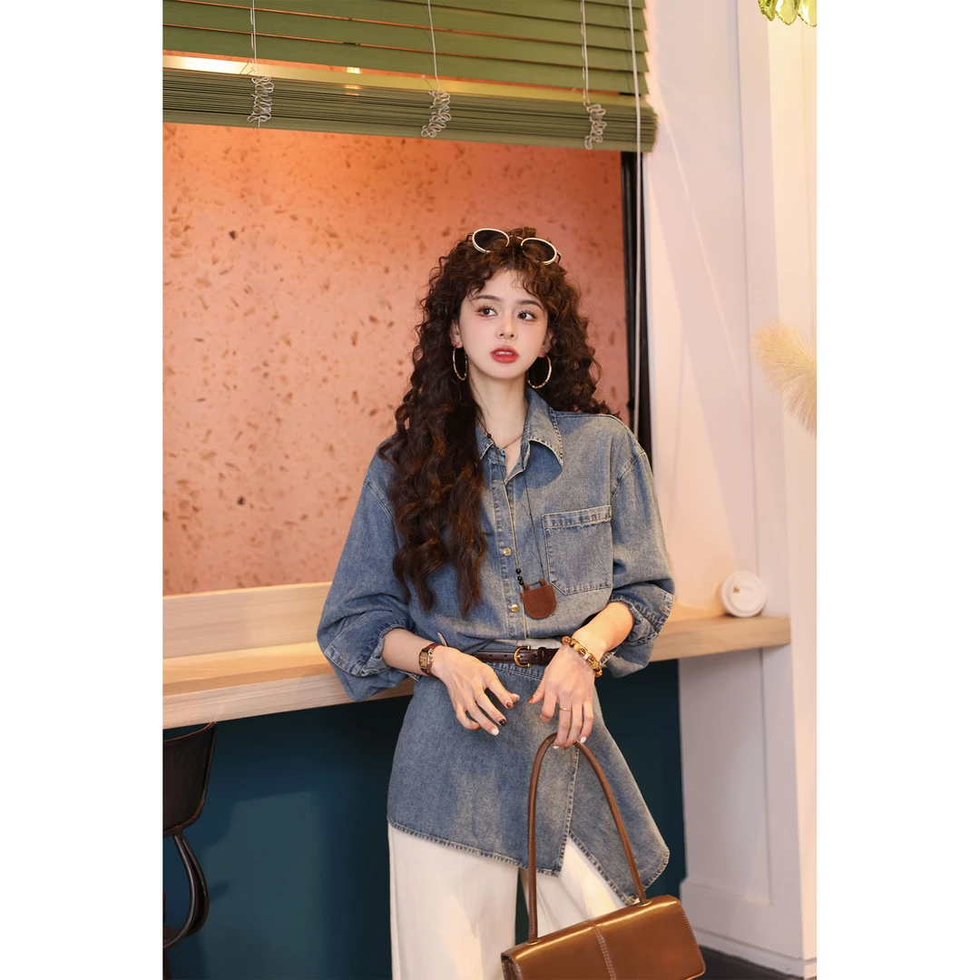 陈佳洁【海岛之约】港风复古V领衬衫女宽松显瘦上衣JA1999467