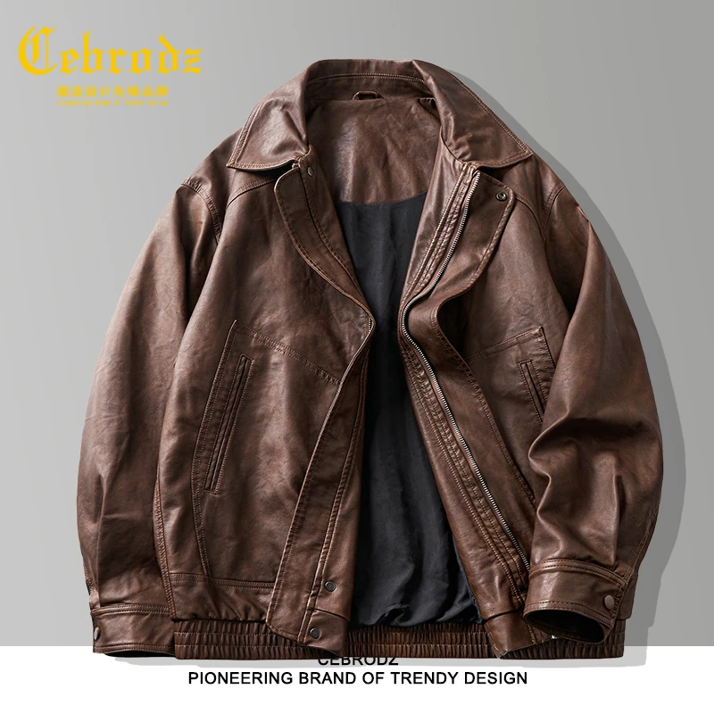 法国Cebrodz男士2025冬马鞍植鞣油皮机车翻领皮夹克宽松皮衣外套