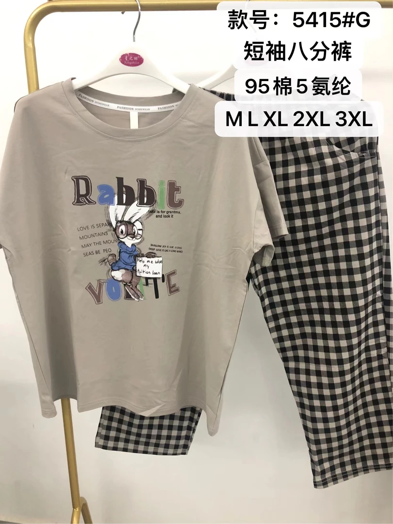 芬亿新款女士爽棉短袖八分裤睡衣套装 5415