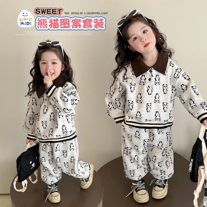 女童熊猫卫衣套装2025春秋装POLO衫洋气韩版女宝宝休闲长袖两件套