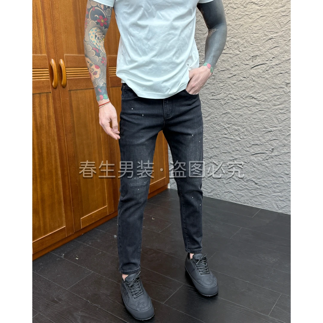 2025秋冬新品时尚百搭黑灰色刀割工艺男士修身小脚牛仔裤1621-9