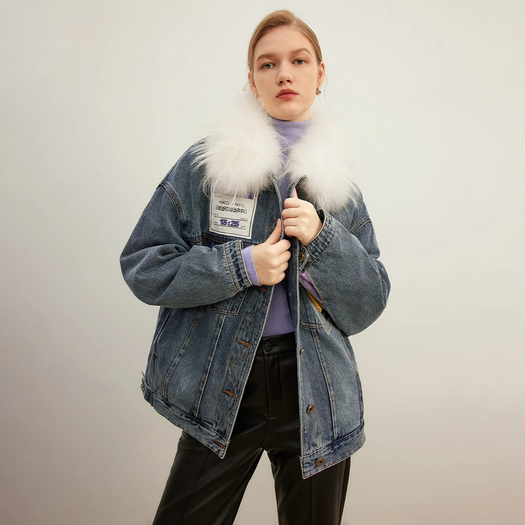 【芊芊专属】毛领牛仔羽绒服冬复古时髦保暖白鸭绒夹克外套