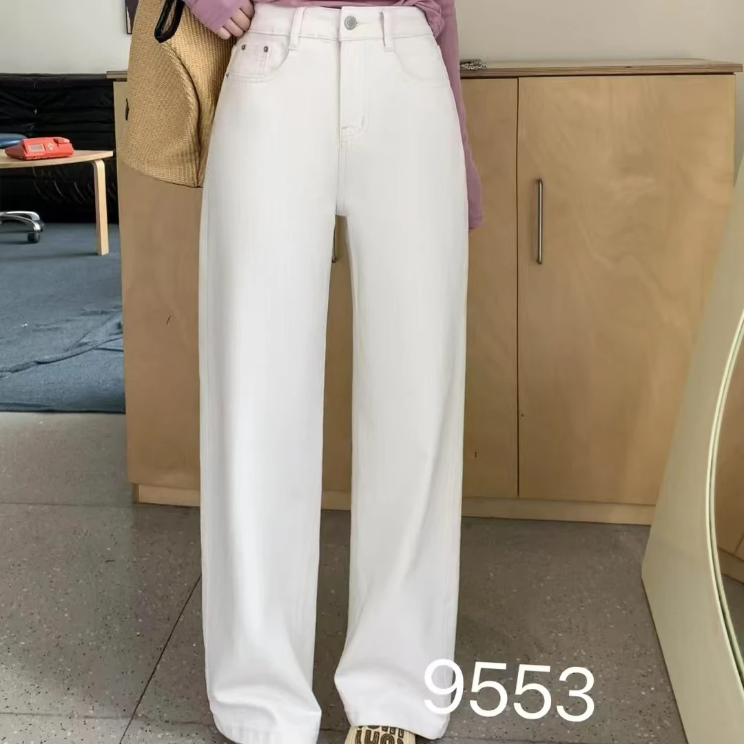 白色直筒牛仔裤女2025春秋新款高腰垂感宽松休闲窄版直筒拖地裤子