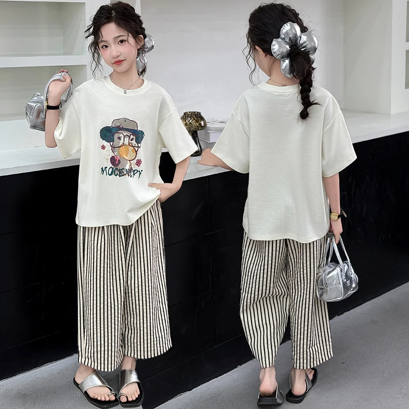 童装女童休闲套装2025夏季新款儿童条纹裤子两件套女孩时髦衣服新