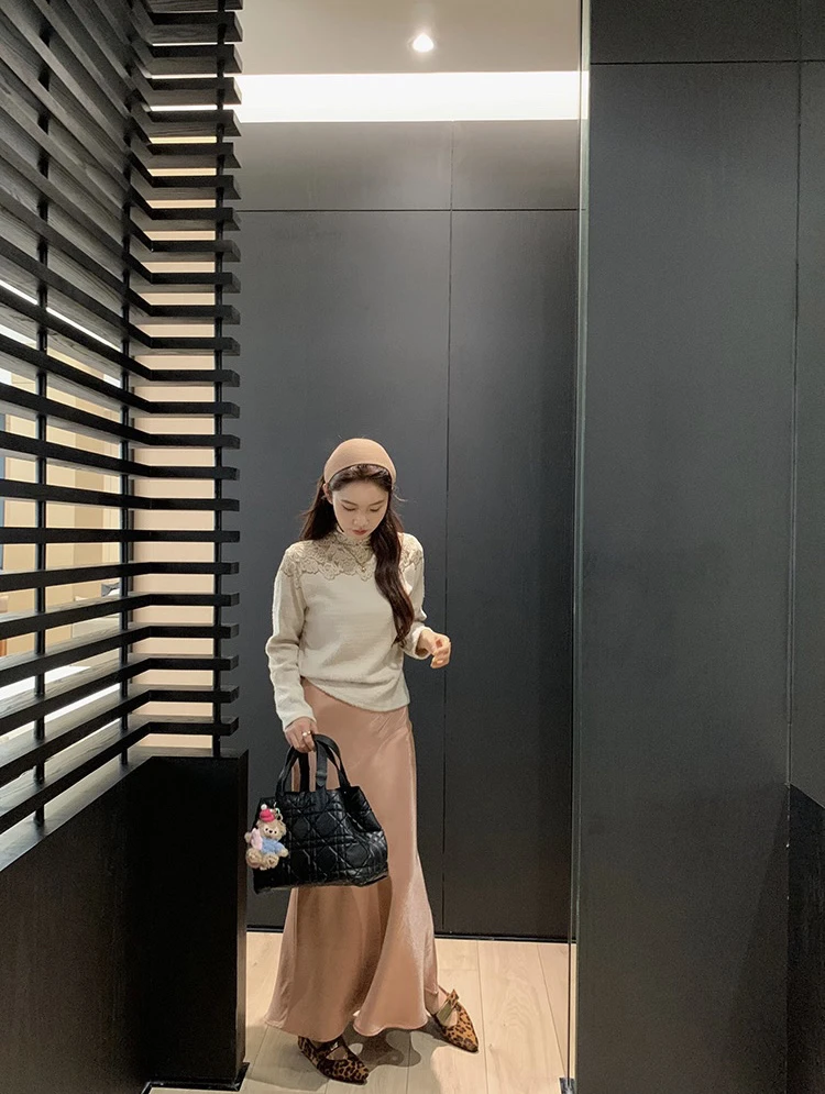 灰灰呀！松弛感lady 韩系复古设计感气质百搭缎面高腰半身裙（长95）