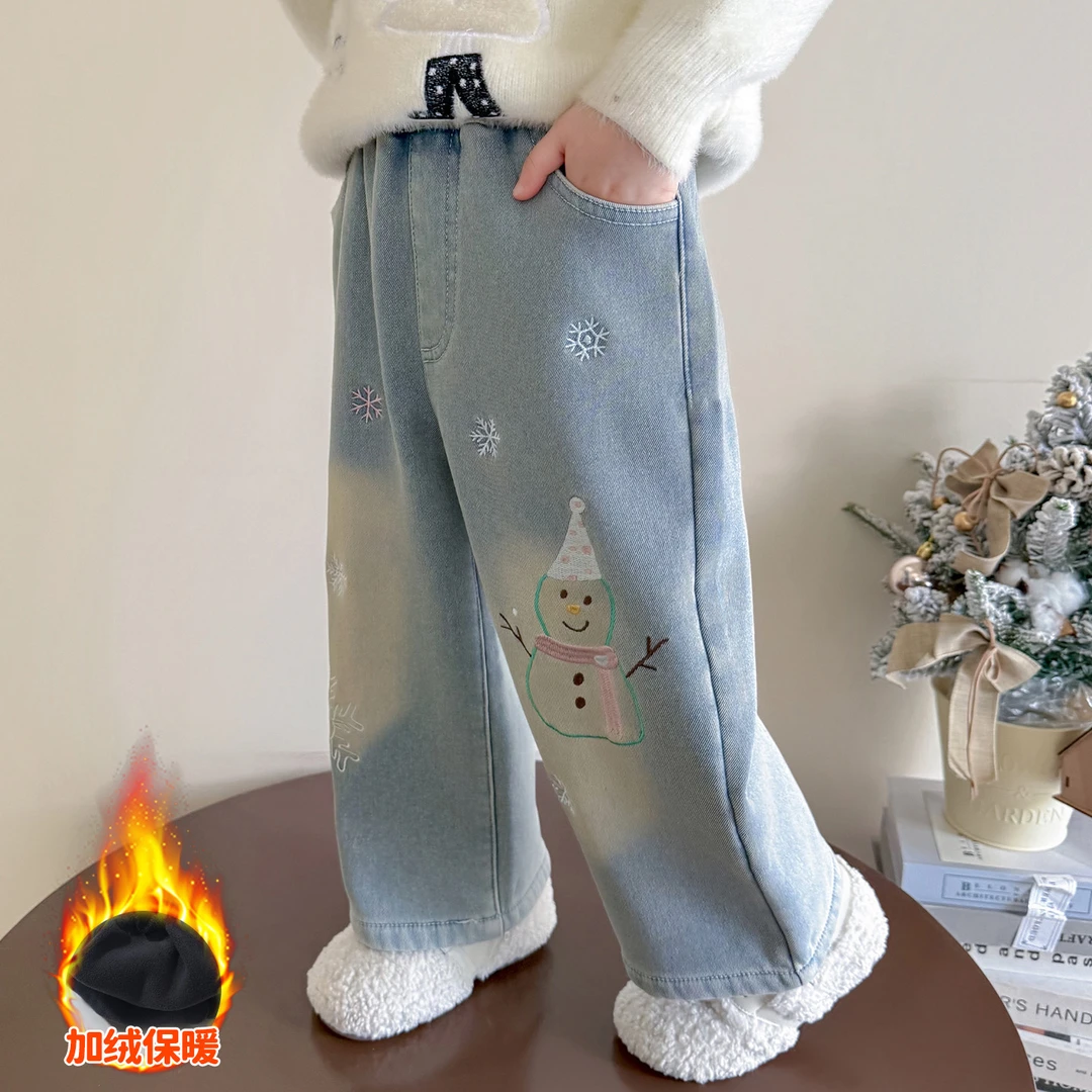 女童加绒牛仔裤儿童冬装韩版洋气一体绒裤子女宝宝冬季加厚直筒裤