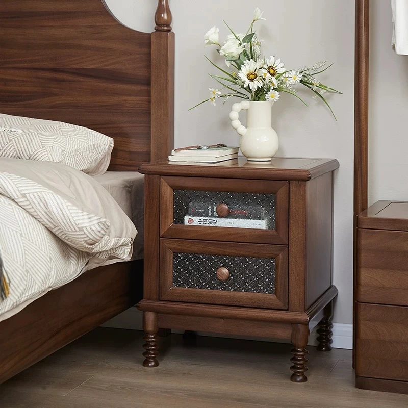 美式复古黑胡桃木全实木床头柜储物床边收纳矮柜中古小型卧室家具