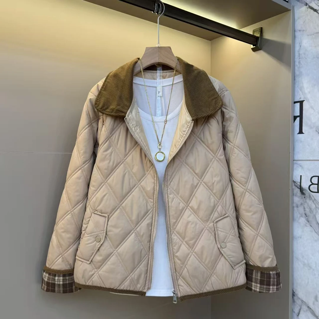 2025秋冬百搭压格拉链设计韩版薄棉休闲翻领潮流显瘦保暖外套917