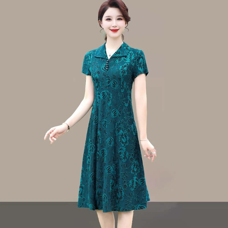 中年妈妈夏装连衣裙2025新款50岁中老年女装洋气大码蕾丝提花裙子