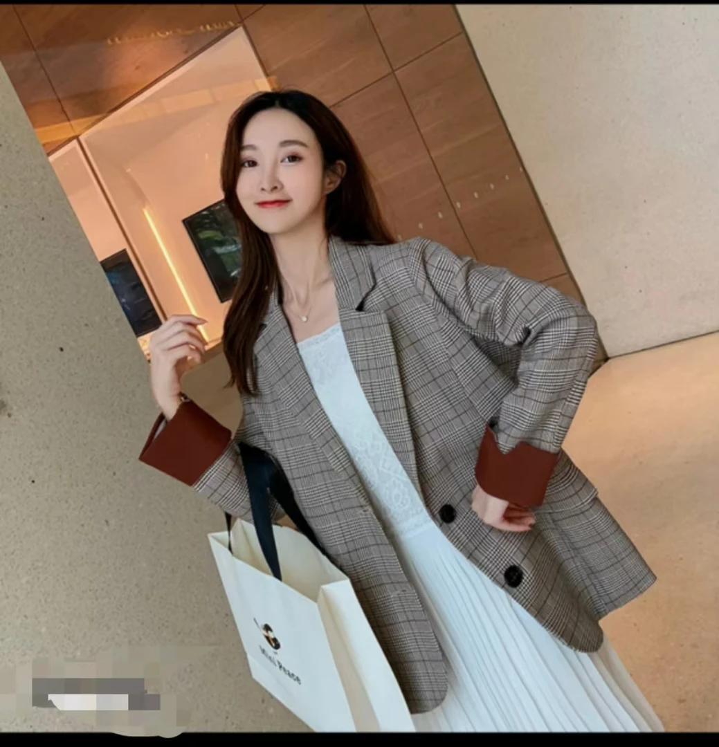 B005常规款女格子西装百搭经典时尚西服上衣纯色设计师口袋单排扣