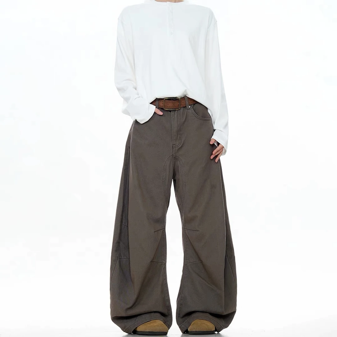 ESEWKL美式复古宽松弯刀牛仔裤男女廓形慵懒vibe设计感拖地休闲裤