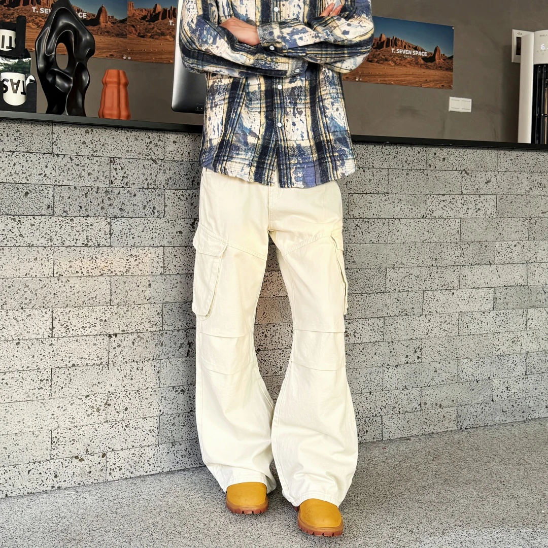 YearnObtainRainbow米白多口袋cleanfit工装裤男生宽松阔腿牛仔