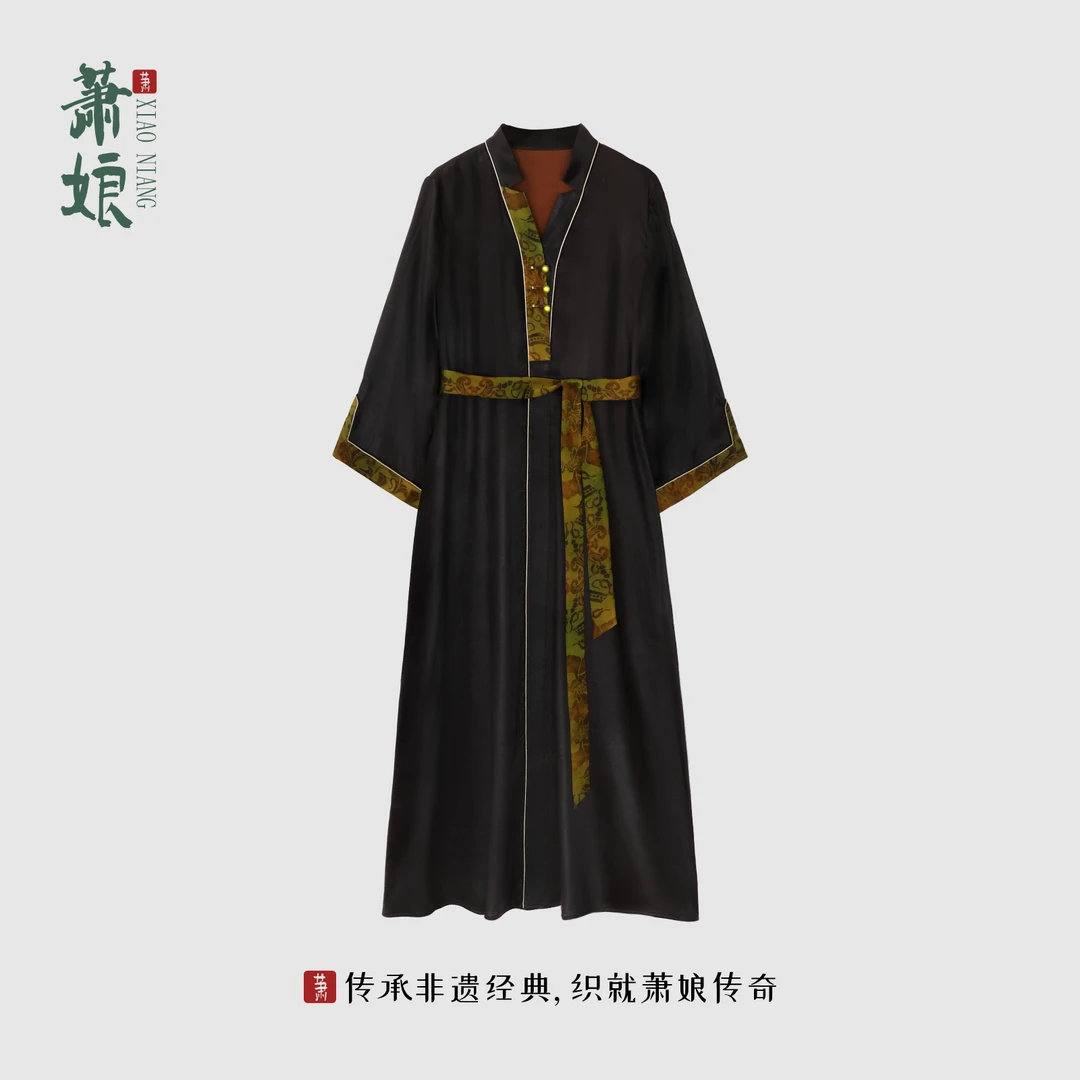 萧娘【芸镜】弹力缎香云纱工艺连衣裙新中式桑蚕丝长袖女裙XN1999