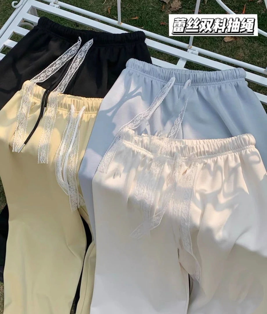 慵懒风蕾丝绑带休闲裤女春季高腰垂感显瘦直筒裤子宽松阔腿裤长裤