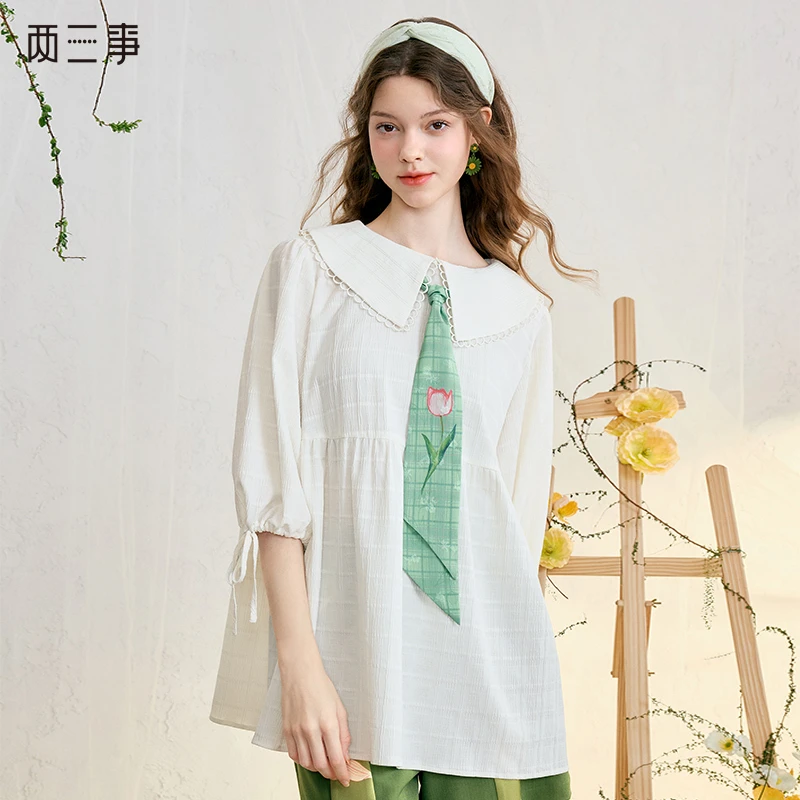 两三事 浮花清影 甜美印花领带泡泡袖衬衫S25CC249