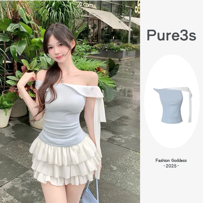 【Pure3s】夏天设计感上衣蓝白拼色系带纯欲绑带露肩独特漂亮小衫