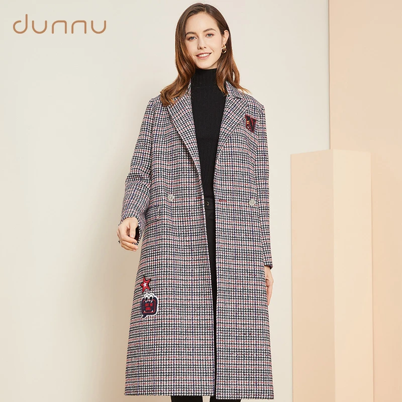 dunnu敦奴撞色格纹双排扣毛呢大衣DN2103
