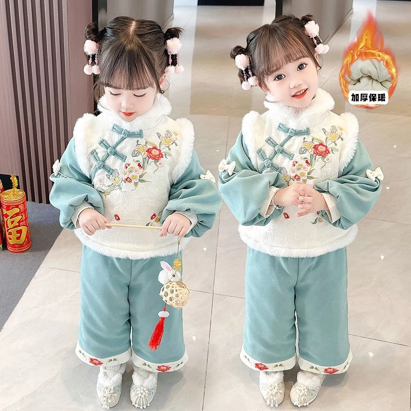 汉服女童冬季加绒套装新款洋气小女孩中国风唐装拜年服两件套