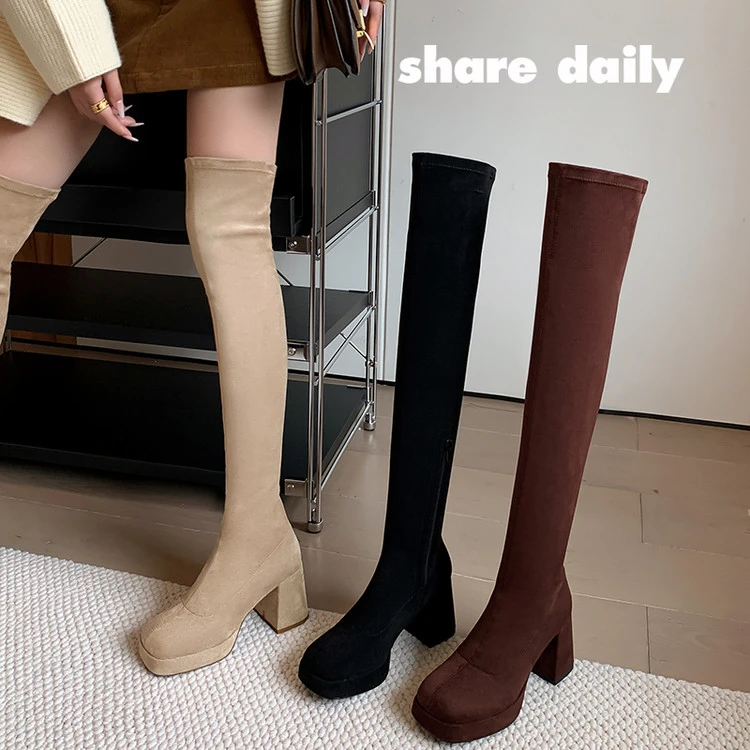 秋冬新款防水台高跟过膝靴辣妹性感显瘦弹力靴真皮绒面增高长靴女