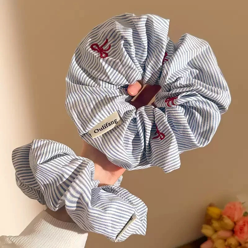 2025新款蓝色条纹刺绣红色樱桃蝴蝶结大肠发圈大号丸子头马尾头绳