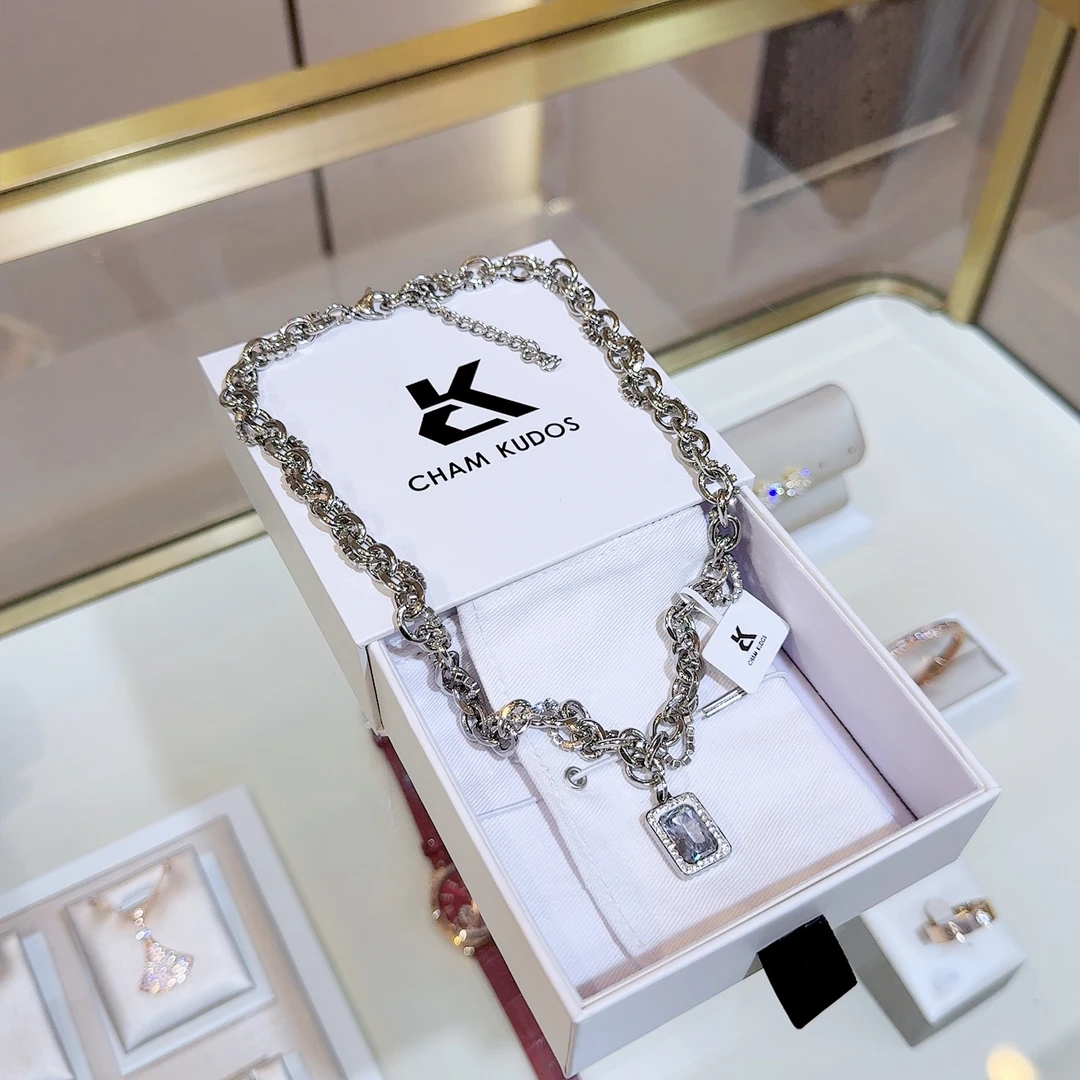 钛钢项链 CHAM KUDOS CK官方正品 满钻缠绕宝石方糖锁骨项链男女