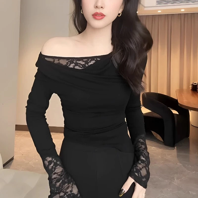 2025新款爆款加绒不规则荡领长袖一字肩上衣独特别致蕾丝打底衫