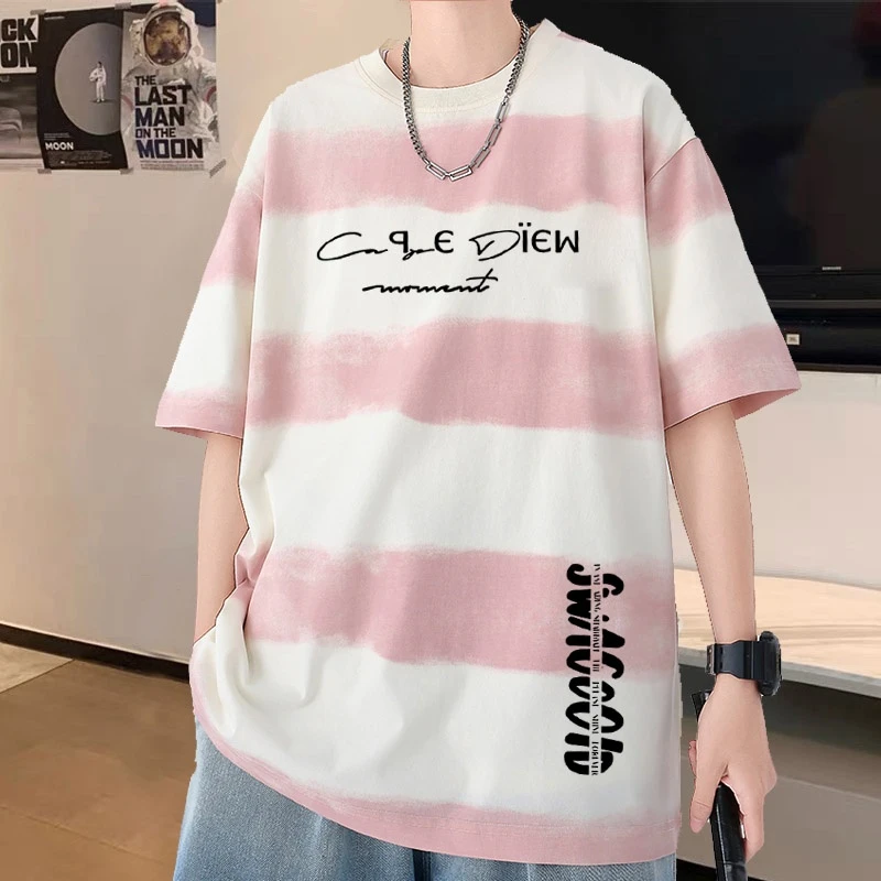 潮牌美式扎染条纹短袖t恤男生夏季纯棉宽松大码休闲印花半袖学生