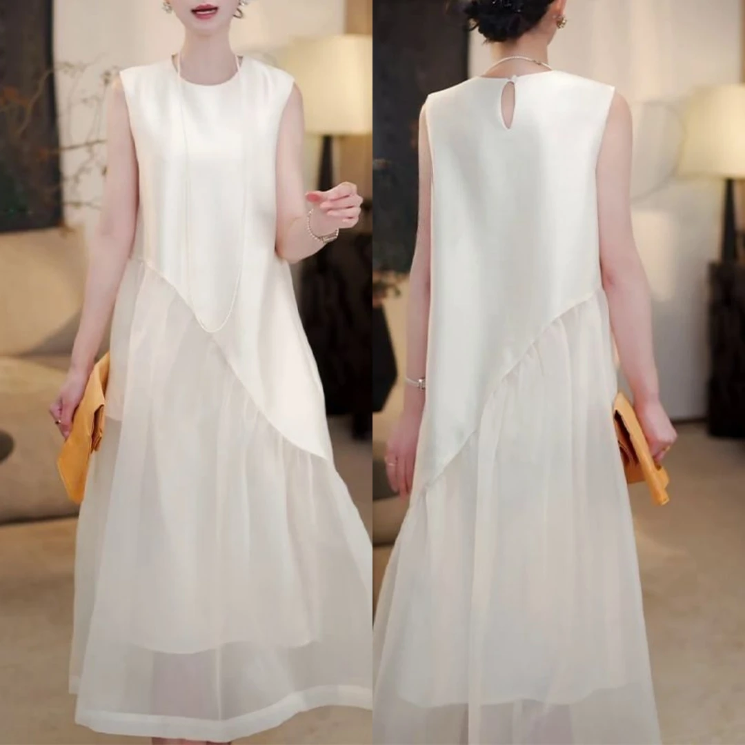 夏季新款时尚洋气小众气质温柔风连衣裙遮肉大码显瘦宽松无袖长裙