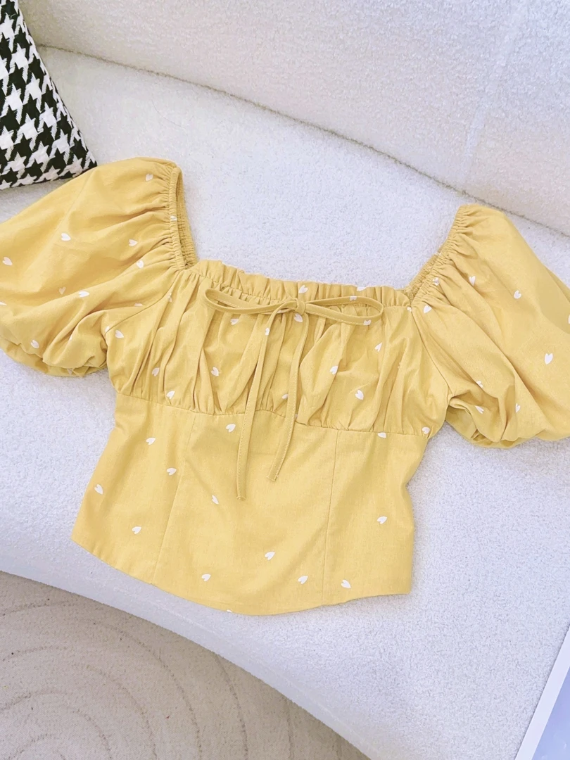 琳心丨春季新款韩版别致设计感方领波点衬衫泡泡袖上衣女 SX2150