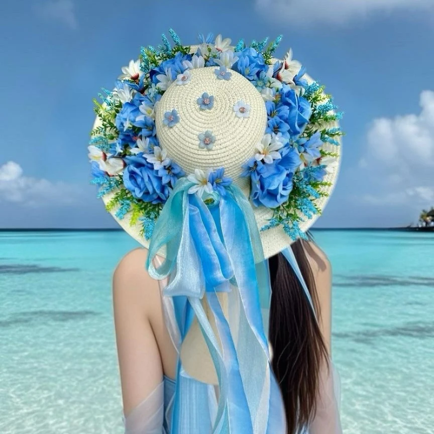 高颜值新款蓝色花朵帽大檐防晒帽草帽唯美森系重工款
