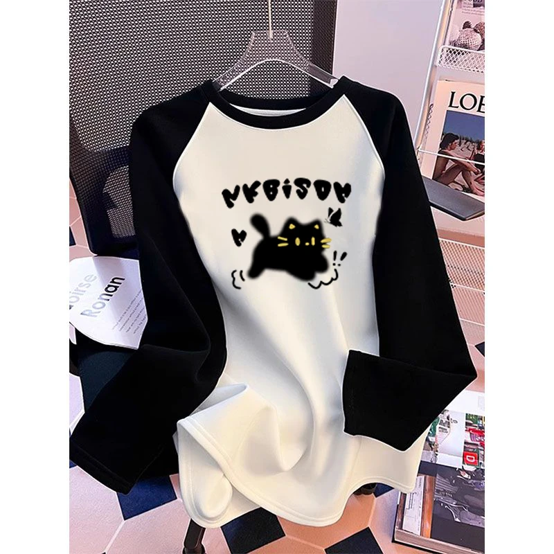 100%纯棉长袖t恤春季新款复古撞色美式韩版拼接袖宽松打底上衣ins