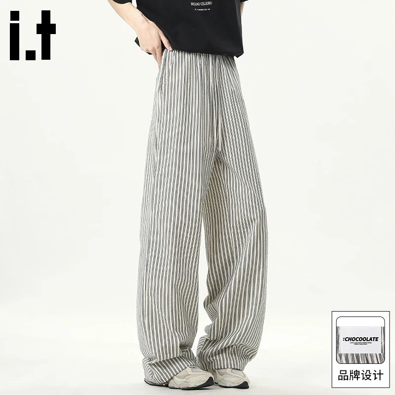 it :CHOCOOLATE薄款宽松休闲裤男士夏季美式潮牌条纹垂感弯刀裤子