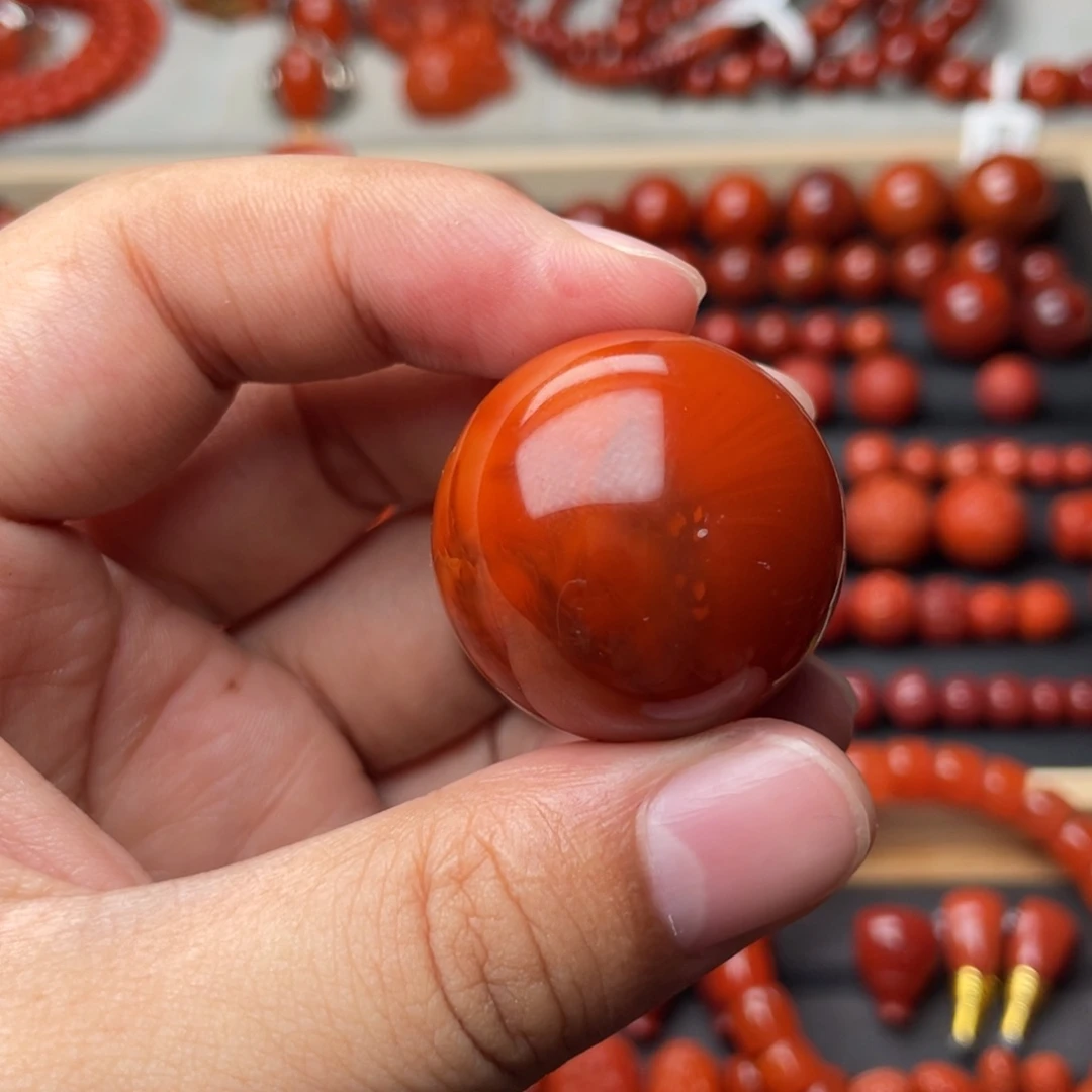 柠***6未镶嵌手串南红玛瑙31mm顶品收藏满肉牛血红火焰单珠