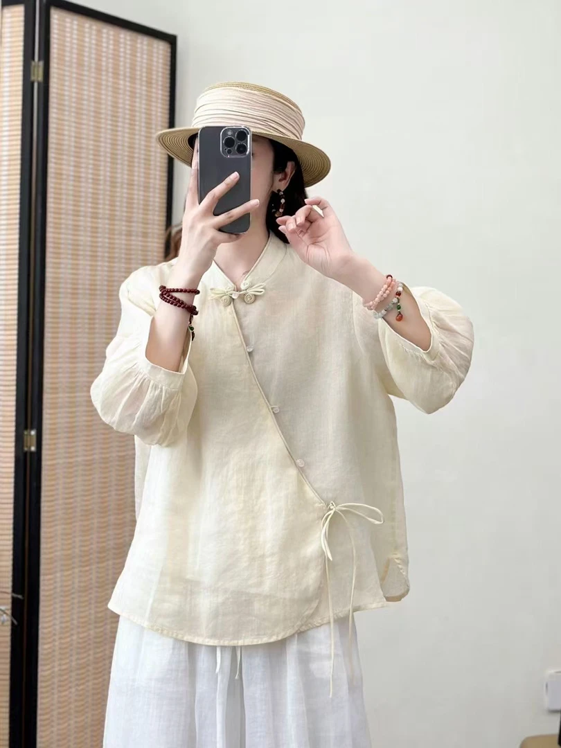 椿和【清欢】新中式立领夏季苎麻衬衫文艺盘扣清雅上衣小茶服衣长65